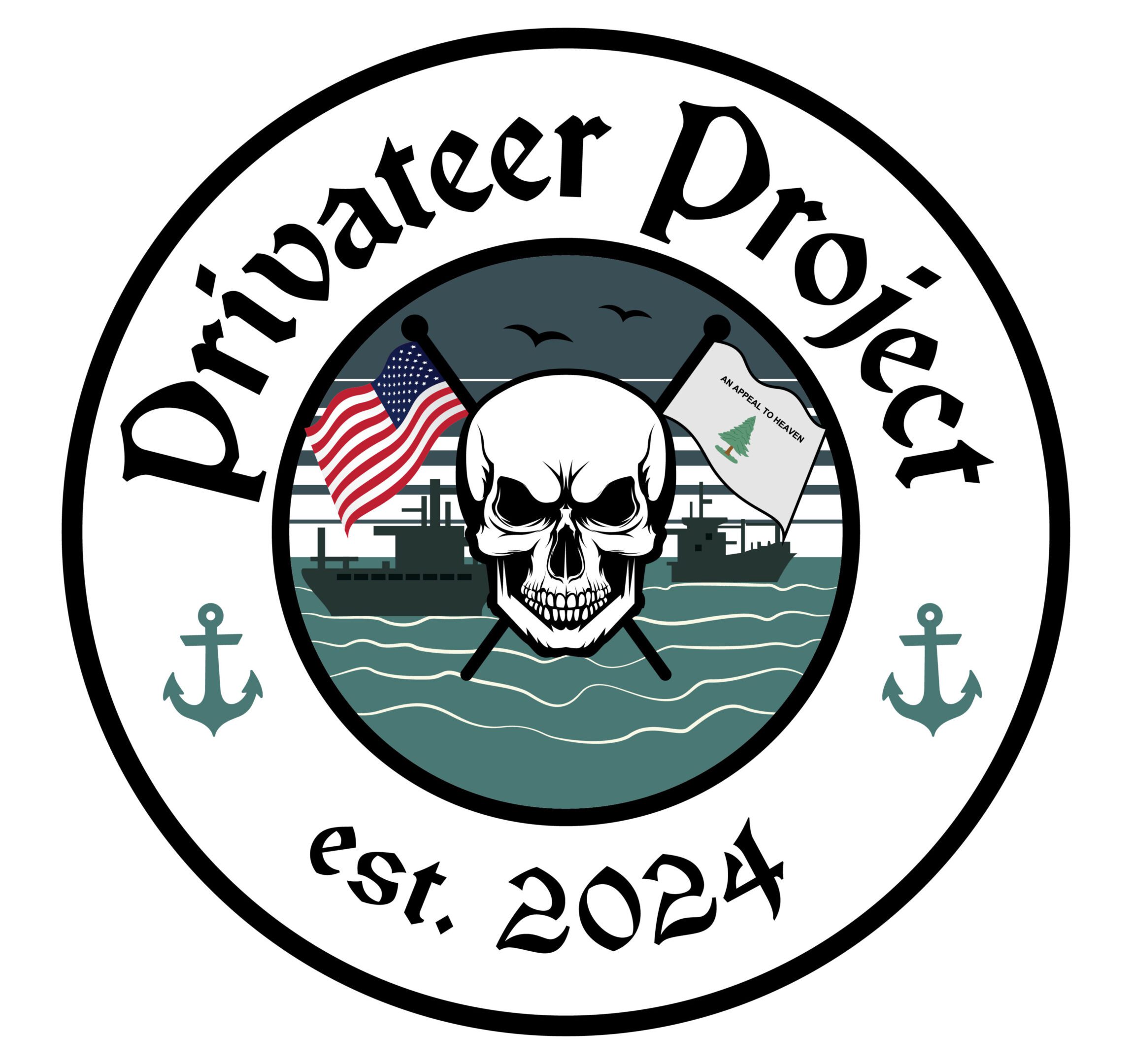 Logo with skull, ship, and American flag, titled Privateer Project est. 2024.