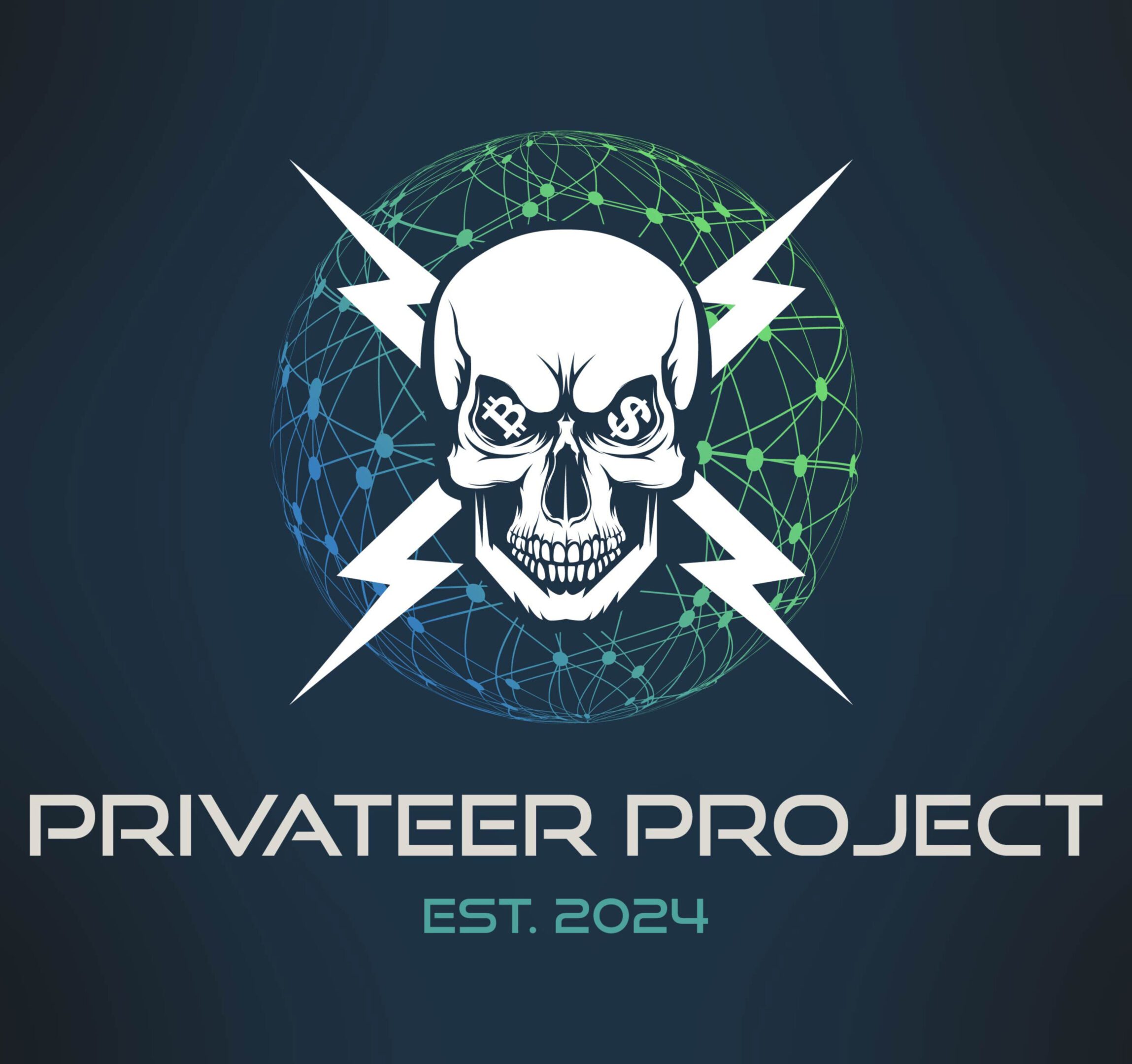 Logo of Privateer Project featuring a skull with crossed lightning bolts and a digital globe background.