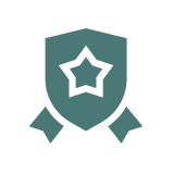 A shield emblem with a star and ribbons symbolizing achievement or protection.