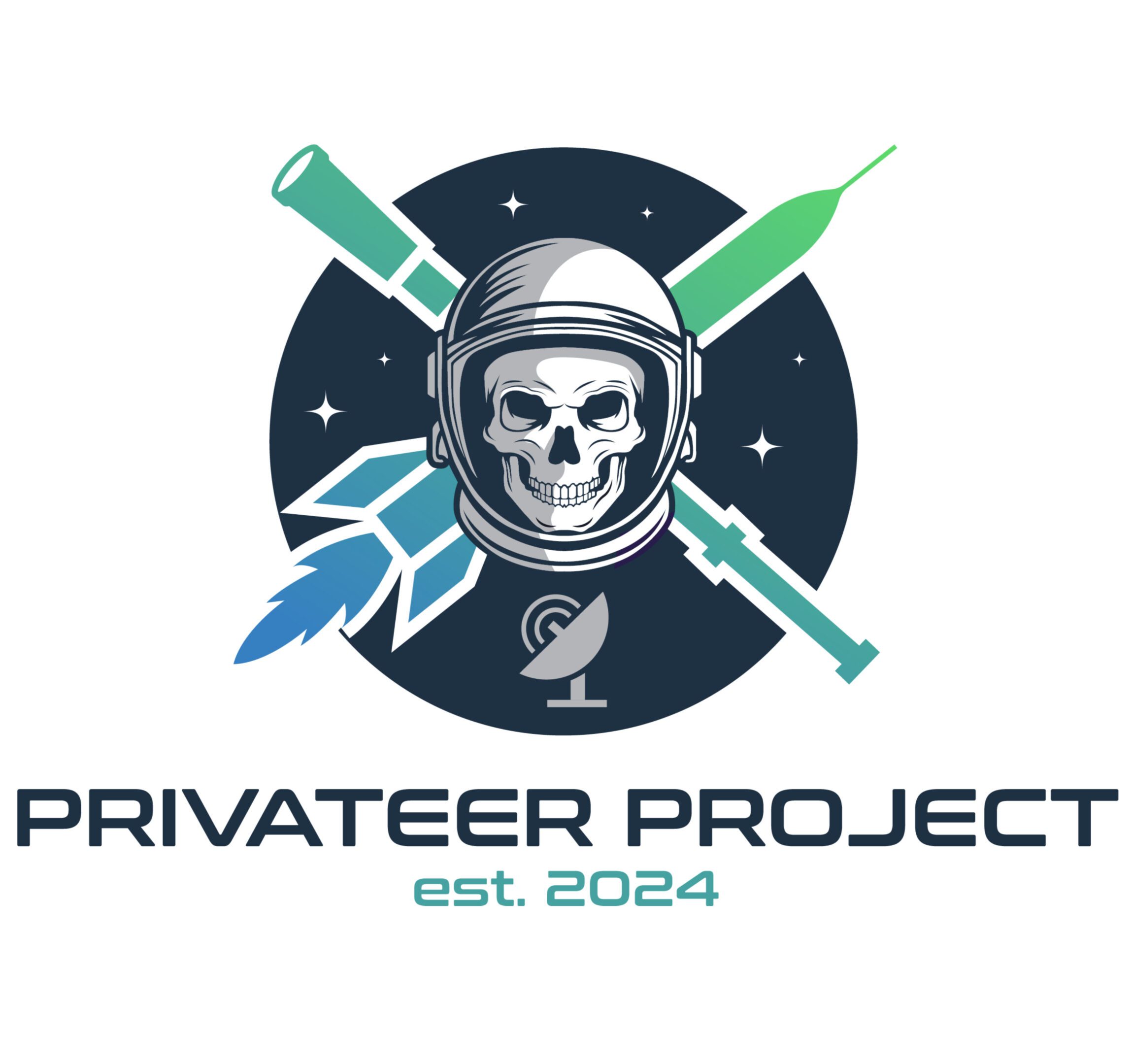 Logo of Privateer Project featuring a skull with crossed swords and rocket in space.