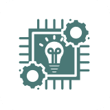 Chip with light bulb and gears symbolizing innovation and technology.