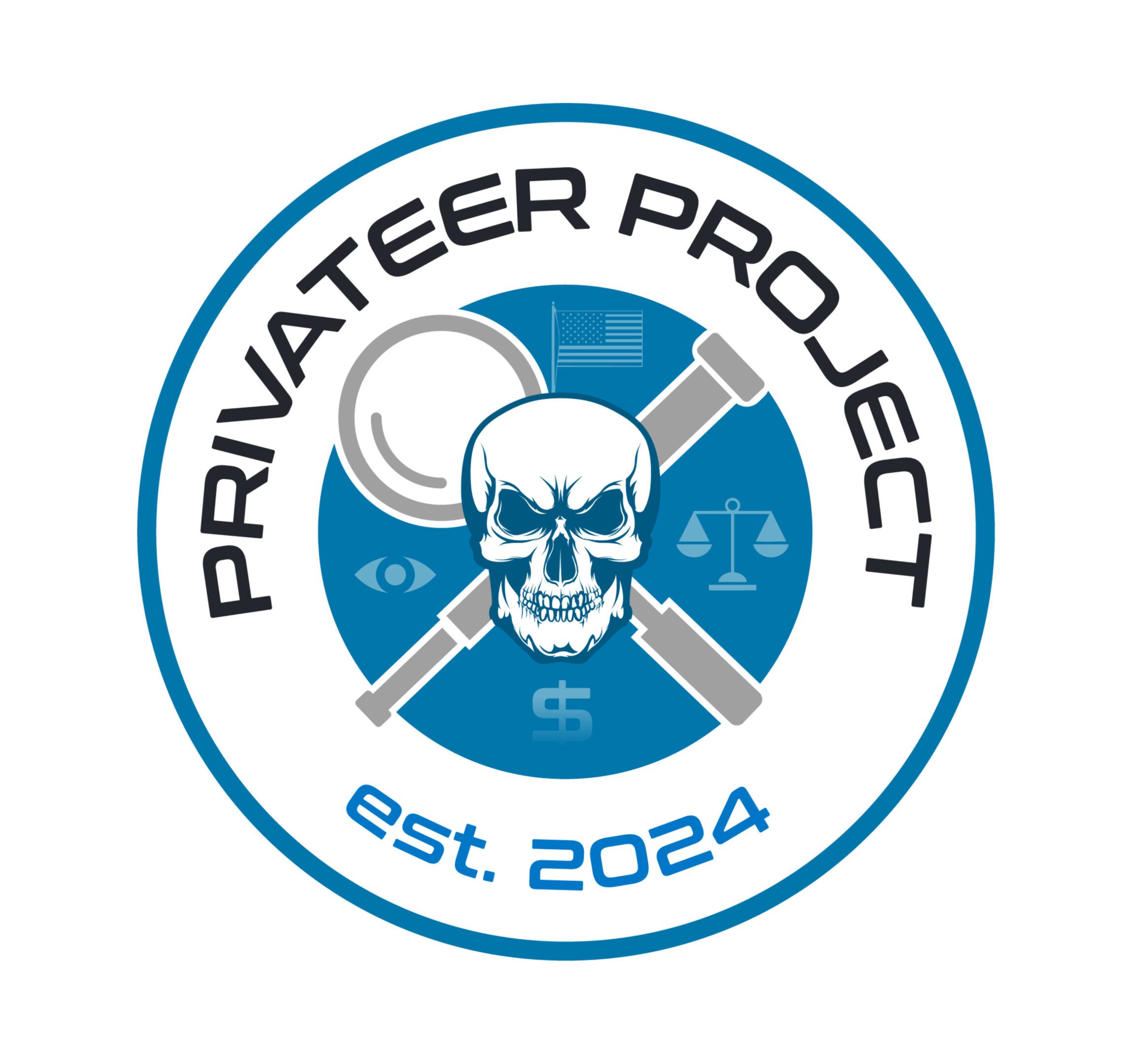 Logo featuring a skull with crossed tools and a circular blue border.