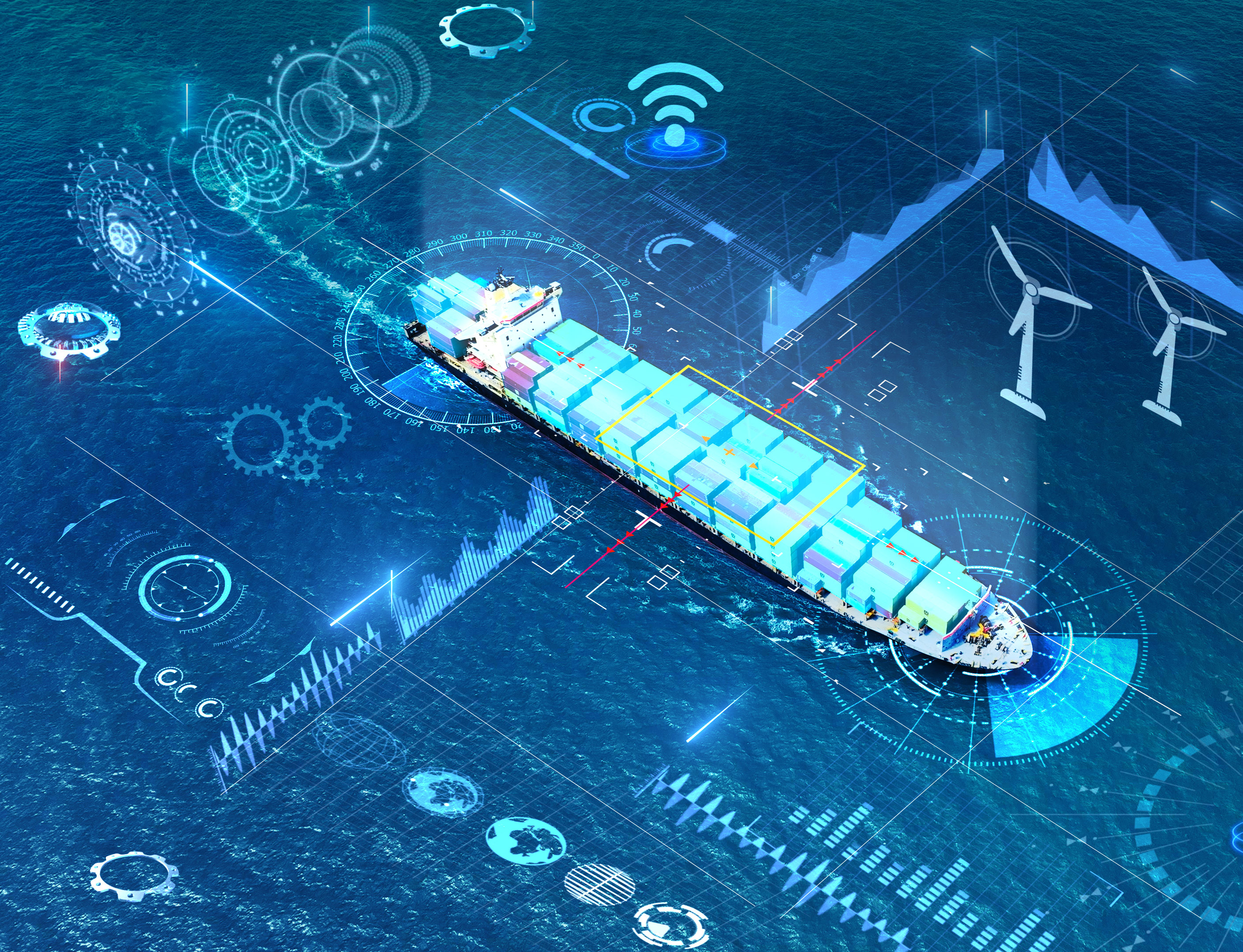 A cargo ship navigating through a digital network overlay.