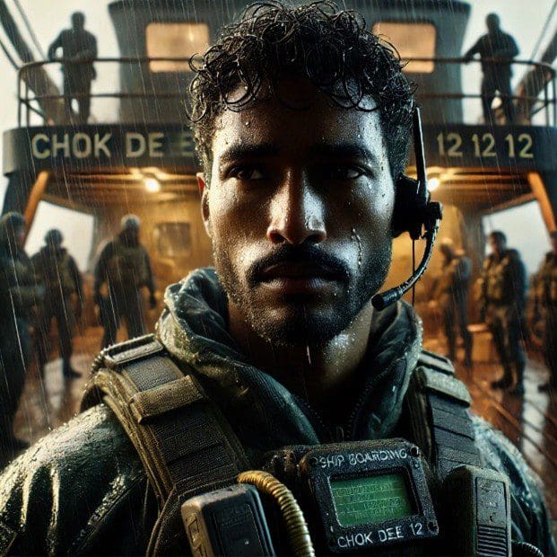 A soldier stands alert in a dimly lit, crowded military setting.