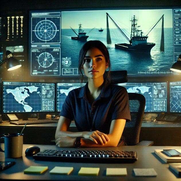 Woman monitoring maritime traffic in a high-tech control room with ship radar displays.