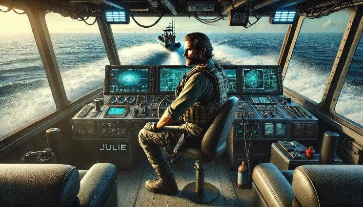 Pilot in a high-tech cockpit overlooking the ocean at sunset.