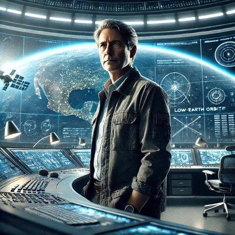 Man stands in futuristic control room with digital world map screens.