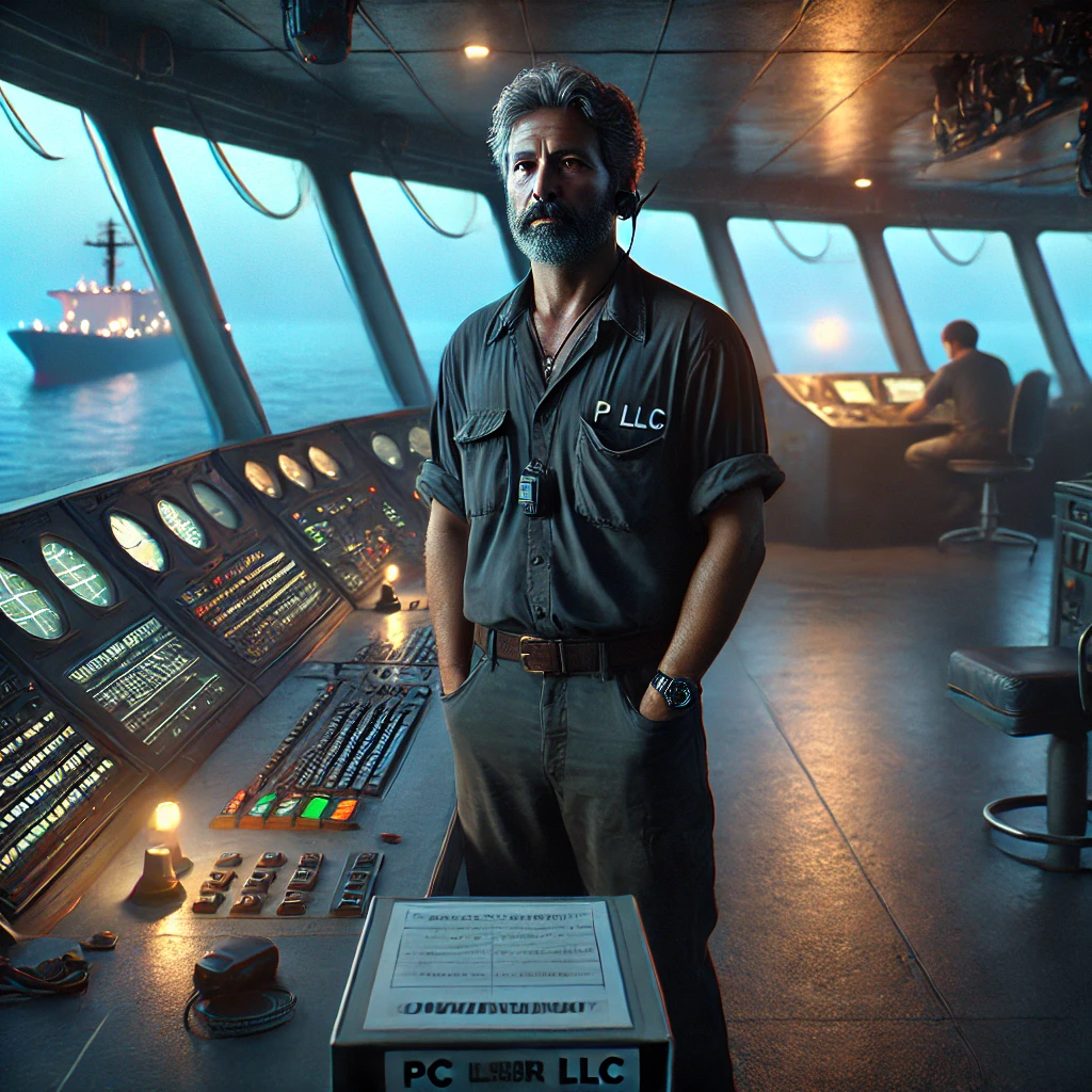 Man standing confidently on a ship's control bridge with radar and control panels.