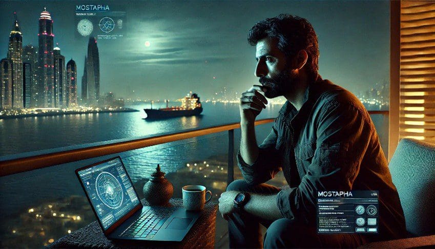 Man working late at night on a laptop by the waterfront under moonlight.