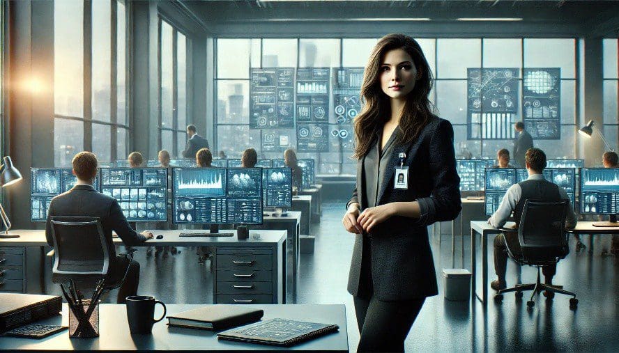 Executive standing in busy cybersecurity command room