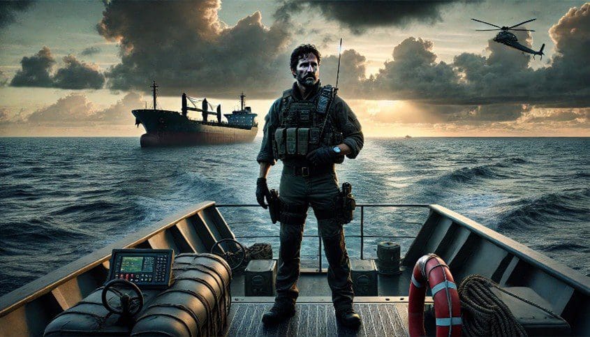 Armed maritime operative on patrol boat at sea
