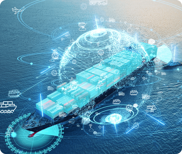 Digital illustration of a futuristic cargo ship with smart technology overlays.