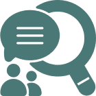 Icon showing communication and search concepts with speech bubbles and magnifying glass.